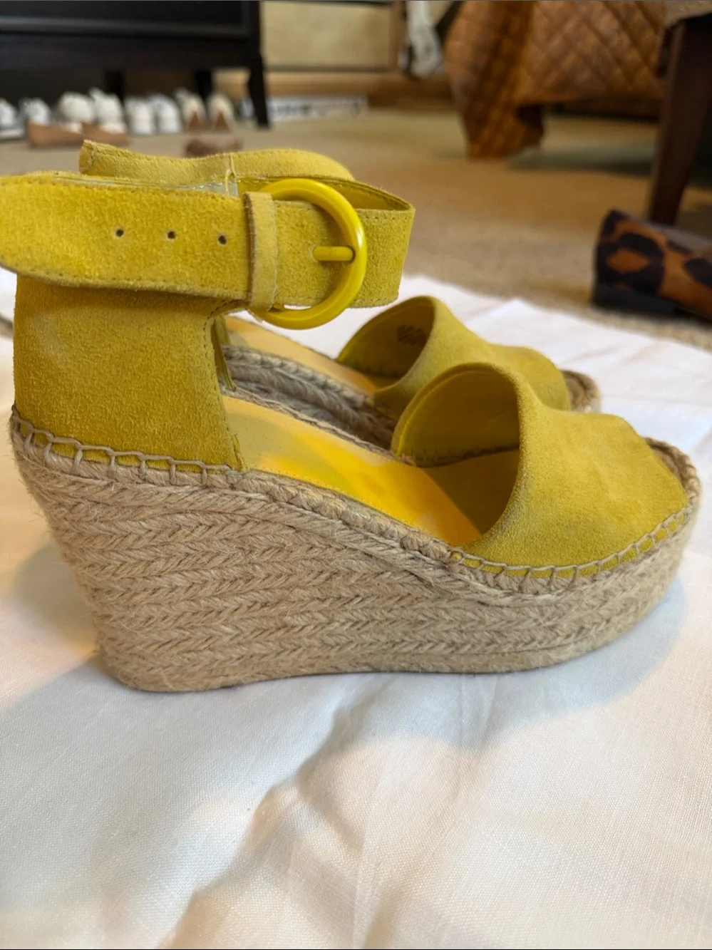 Yellow Suede Espadrille Wedge Sandals with Ankle Strap